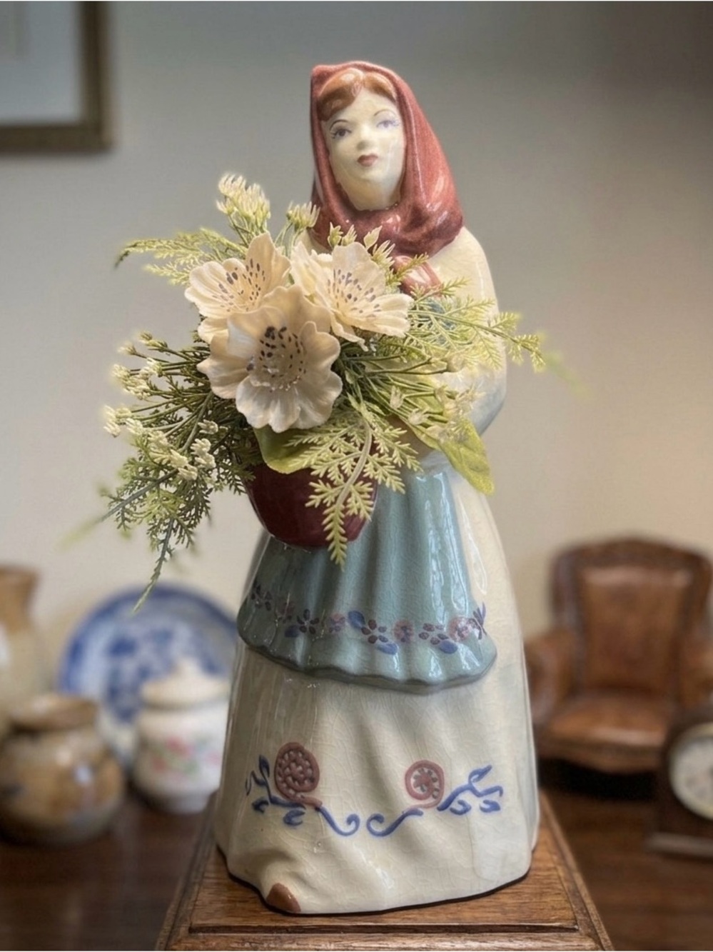 Rare 1940 Weil Ware figurines Handcrafted Ceramic Figurine with Floral Bouquet
